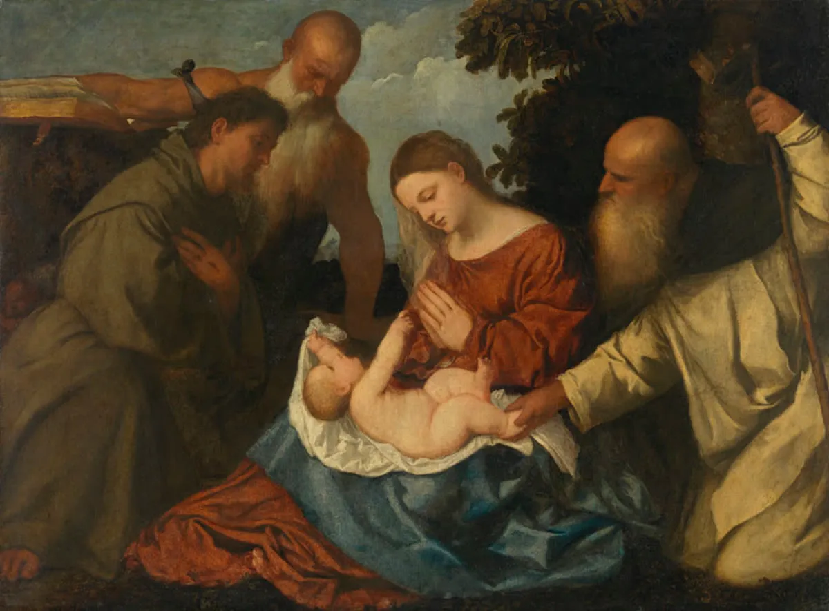 Virgin and Child with Saints Anthony Abbot, Jerome and Francis (1519) by Titian — original painting reproduced as a hand-painted oil on canvas