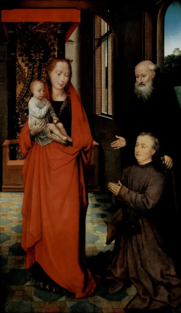 Virgin and Child with St Anthony the Abbot and a Donor (1472) by Hans Memling — original painting reproduced as a hand-painted oil on canvas