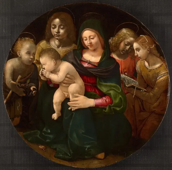 Virgin and Child with the Young Saint John the Baptist, Saint Cecilia, and Angels (1505) by Piero di Cosimo — original painting reproduced as a hand-painted oil on canvas