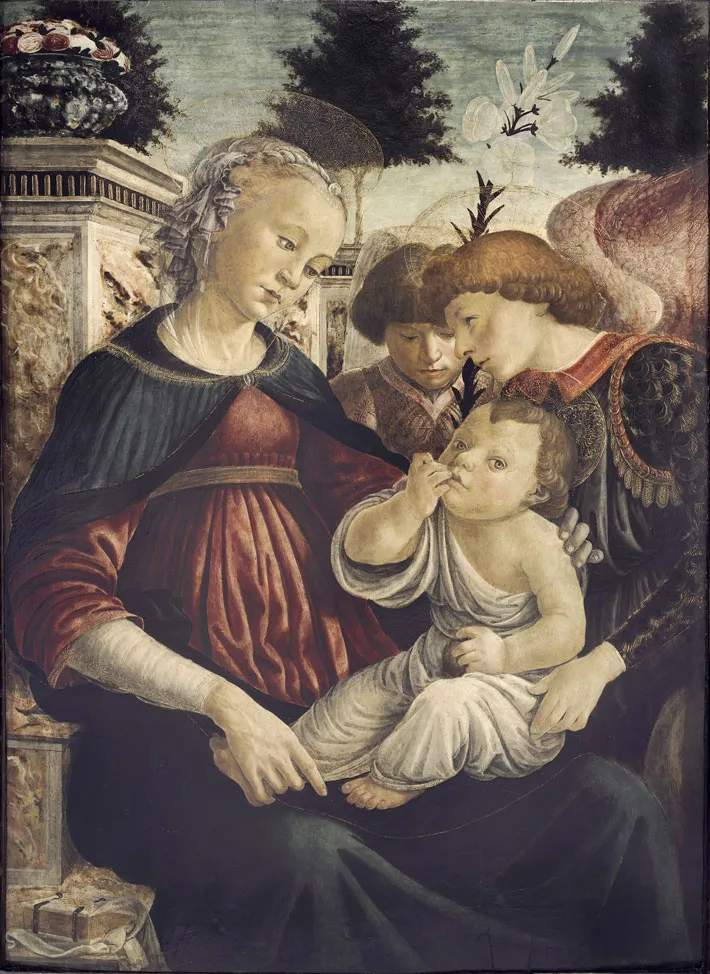 Virgin and Child with two Angels (1468) by Sandro Botticelli — original painting reproduced as a hand-painted oil on canvas