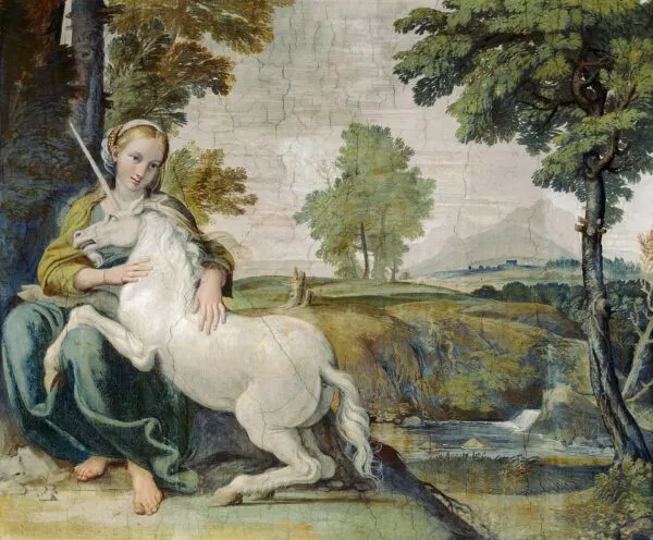 Virgin and Unicorn (A Virgin with a Unicorn) (1604) by Domenichino — original painting reproduced as a hand-painted oil on canvas