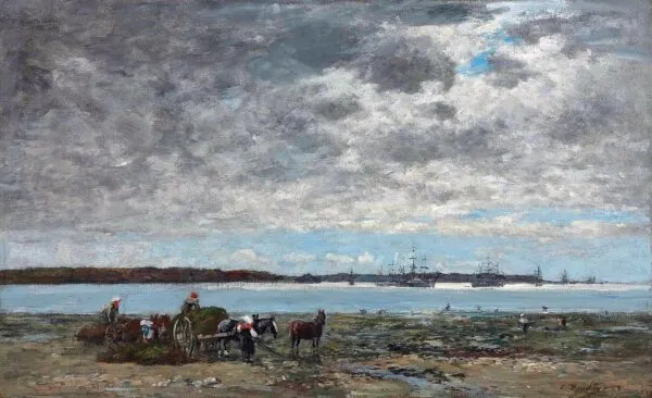 Vue de la la rade Brest et de la récolte du varech (1873) by Eugène Louis Boudin — original painting reproduced as a hand-painted oil on canvas