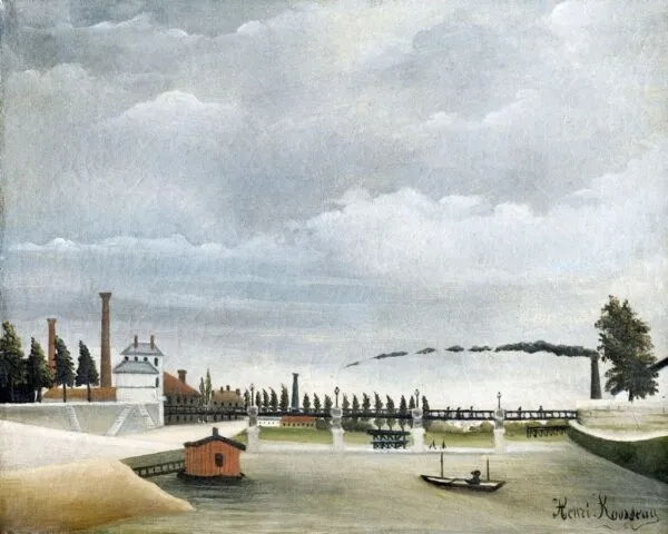 Vue de la passerelle de Passy (1890) by Henri Rousseau — original painting reproduced as a hand-painted oil on canvas