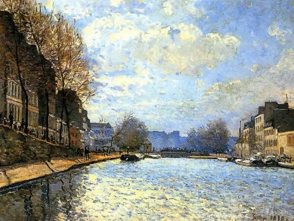 Vue du canal Saint-Martin (1870) by Alfred Sisley — original painting reproduced as a hand-painted oil on canvas