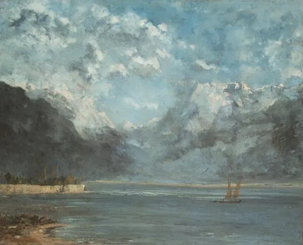 Vue du lac Léman (1876) by Gustave Courbet — original painting reproduced as a hand-painted oil on canvas