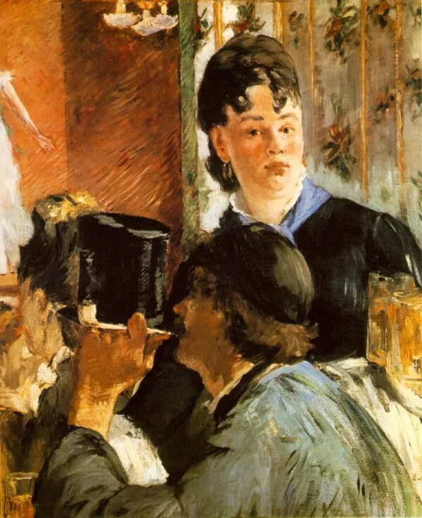 Waitress serving beer (1870) by Édouard Manet — original painting reproduced as a hand-painted oil on canvas