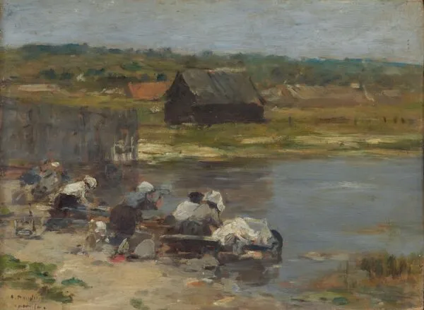 Washerwomen at the Edge of the Pond (1880) by Eugène Louis Boudin — original painting reproduced as a hand-painted oil on canvas