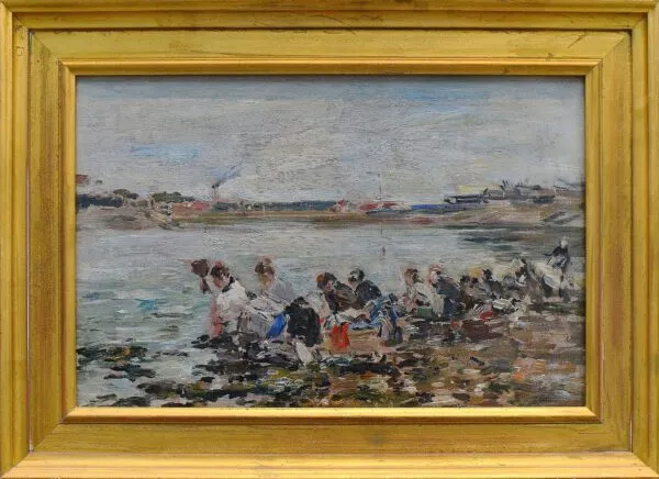 Washerwomen at the Touques (1891) by Eugène Louis Boudin — original painting reproduced as a hand-painted oil on canvas