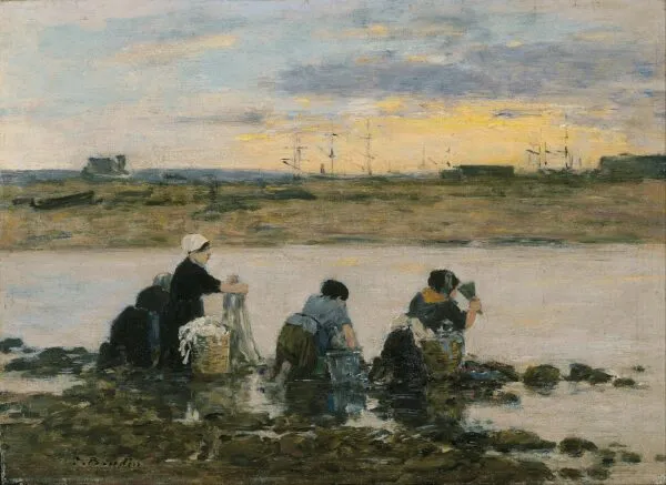 Washerwomen by the River (1880) by Eugène Louis Boudin — original painting reproduced as a hand-painted oil on canvas