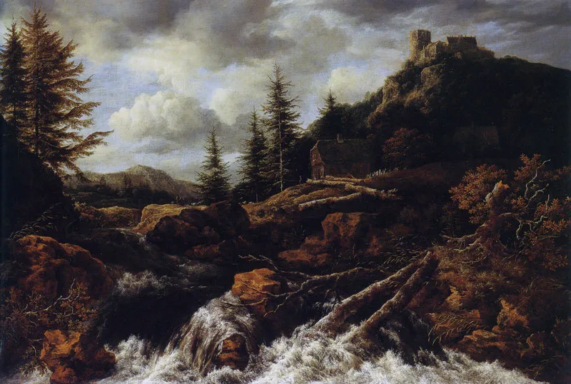 Waterfall in a Mountainous Landscape with a Ruined Castle (1666) by Jacob van Ruisdael — original painting reproduced as a hand-painted oil on canvas