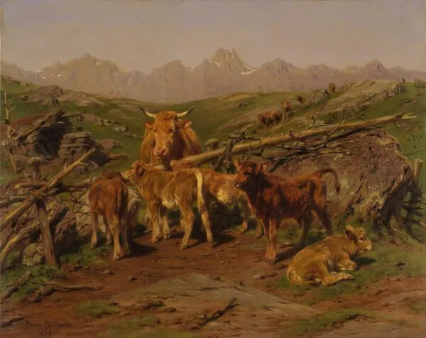 Weaning the Calves (1879) by Rosa Bonheur — original painting reproduced as a hand-painted oil on canvas