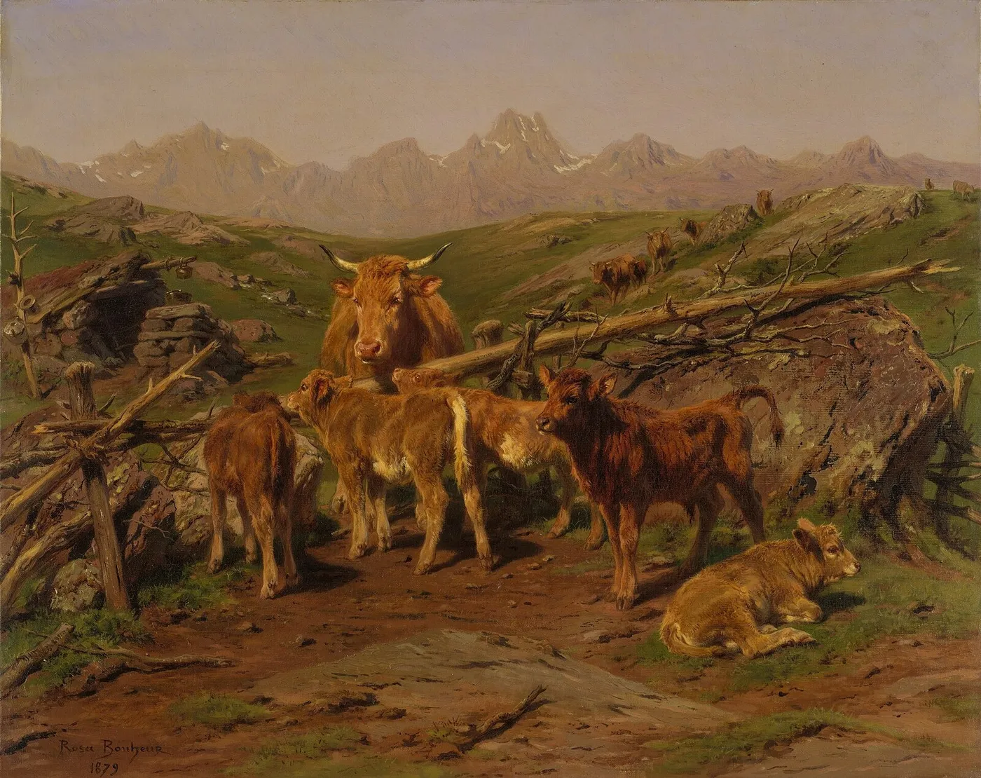 Weaning the Calves (1879) by Rosa Bonheur — original painting reproduced as a hand-painted oil on canvas