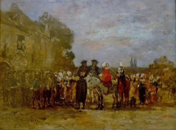 Wedding in Quimper (1857) by Eugène Louis Boudin — original painting reproduced as a hand-painted oil on canvas