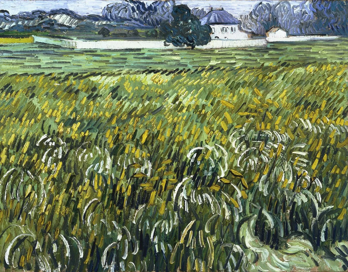 Wheat Field at Auvers with House (1890) by Vincent van Gogh — original painting reproduced as a hand-painted oil on canvas