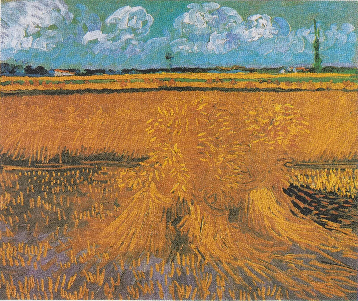 Wheat Field with Sheaves (1888) by Vincent van Gogh — original painting reproduced as a hand-painted oil on canvas
