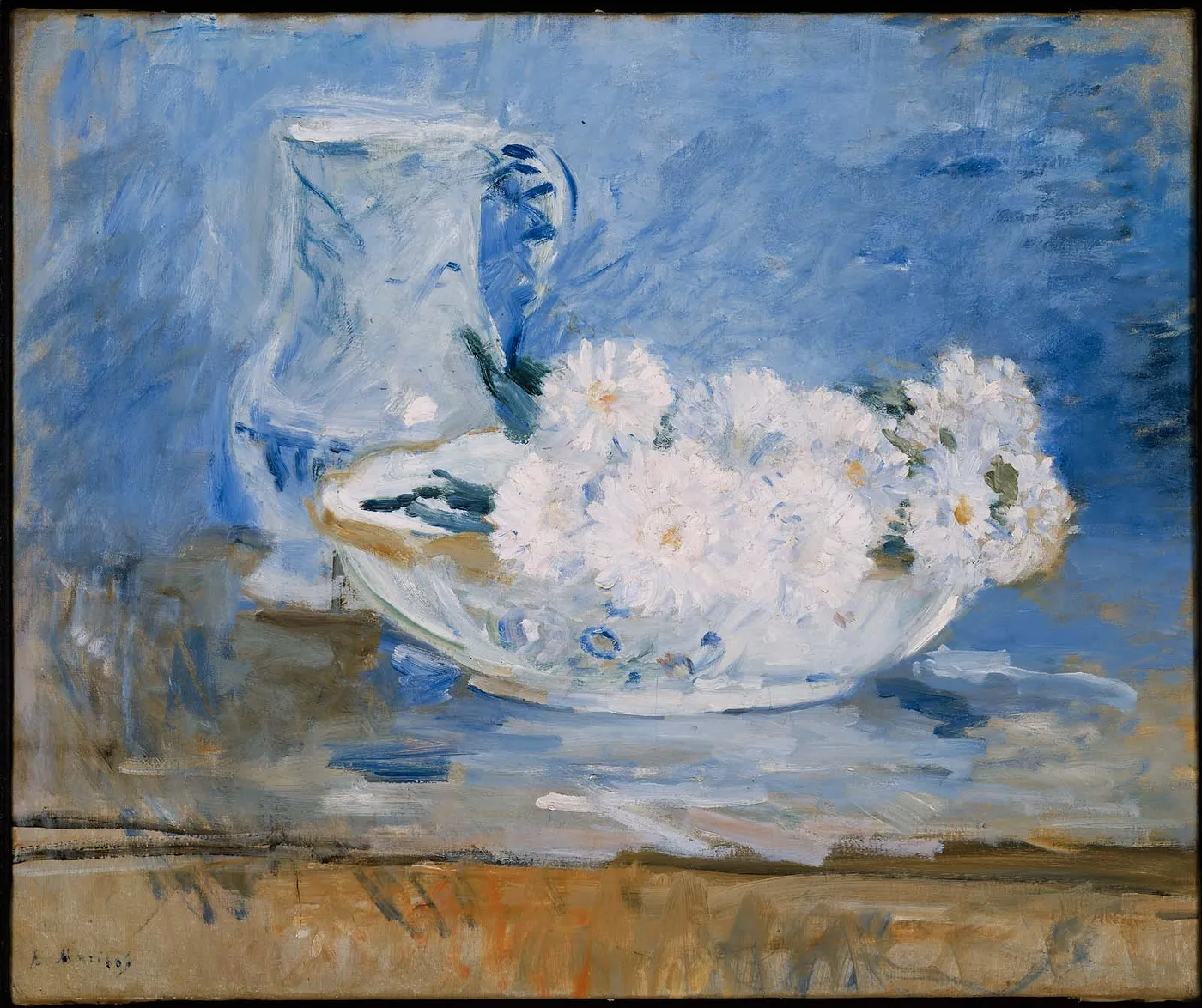 White Flowers in a Bowl (1885) by Berthe Morisot — original painting reproduced as a hand-painted oil on canvas