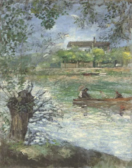 Willows and characters in a boat (1880) by Pierre-Auguste Renoir — original painting reproduced as a hand-painted oil on canvas