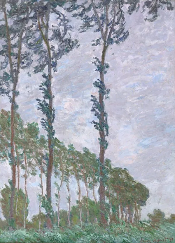 Wind Effect, Row of Poplars (1891) by Claude Monet — original painting reproduced as a hand-painted oil on canvas