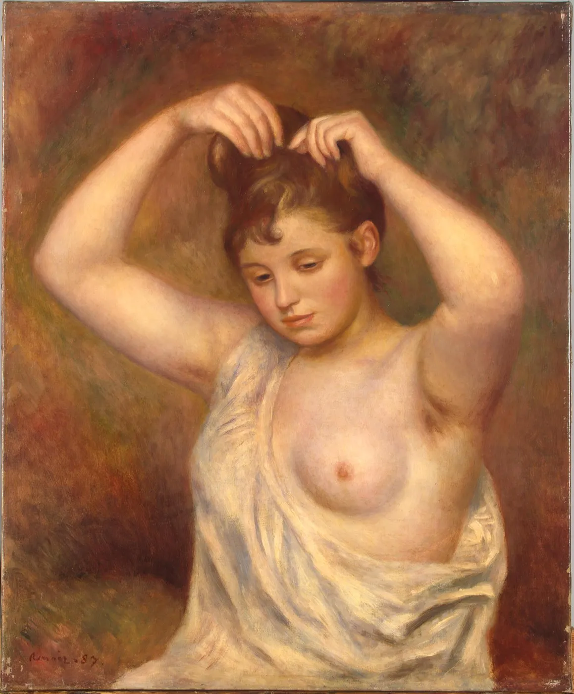 Woman Arranging her Hair (1887) by Pierre-Auguste Renoir — original painting reproduced as a hand-painted oil on canvas