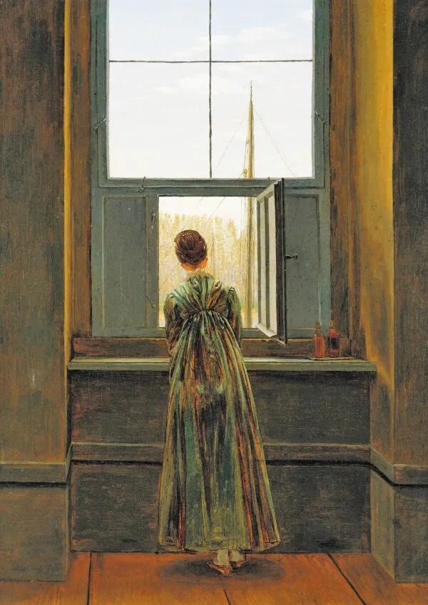 Woman at a Window (1822) by Caspar David Friedrich — original painting reproduced as a hand-painted oil on canvas