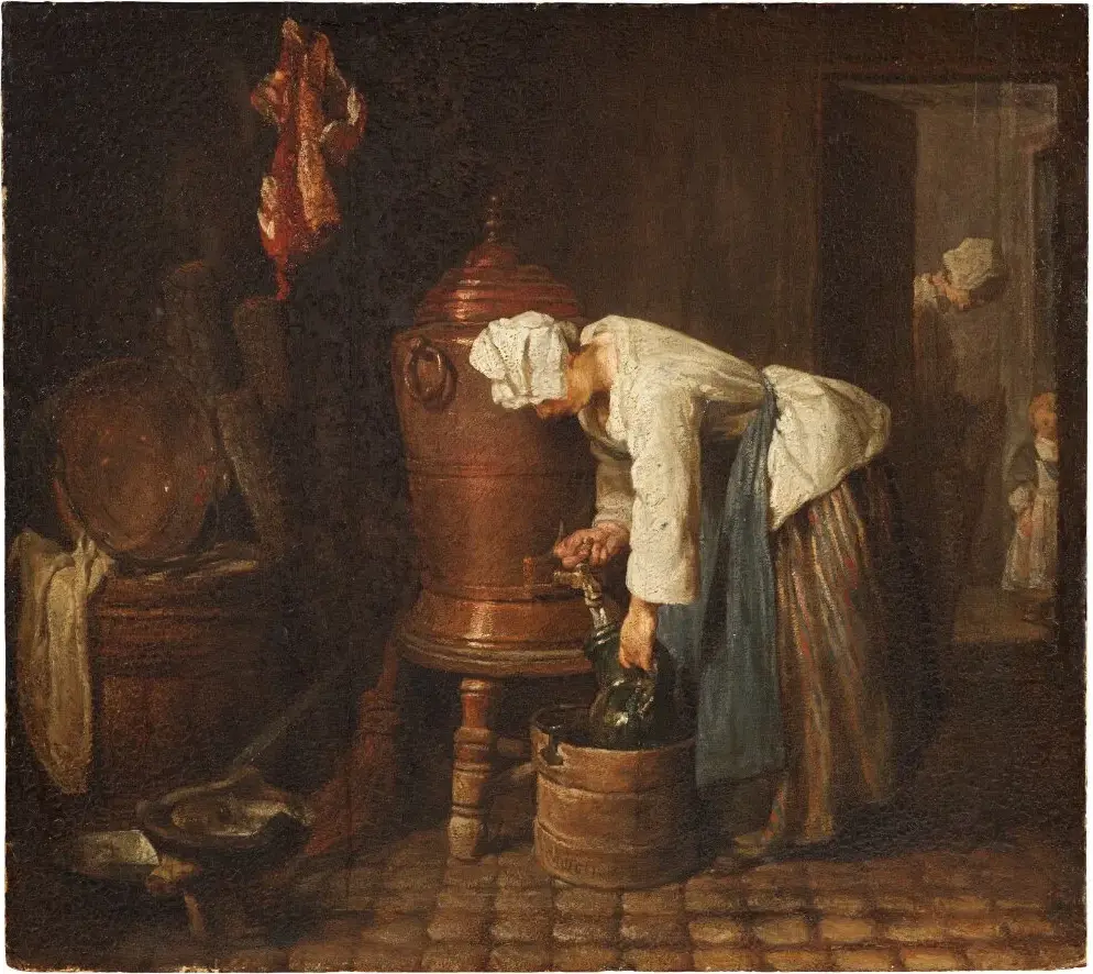 Woman Drawing Water from a Water Urn (1735) by Jean-Baptiste-Siméon Chardin — original painting reproduced as a hand-painted oil on canvas