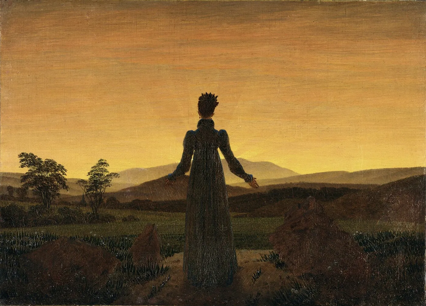 Woman in Front of the Setting Sun (1818) by Caspar David Friedrich — original painting reproduced as a hand-painted oil on canvas