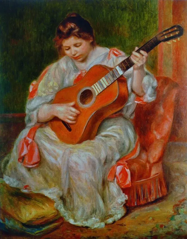 Woman Playing a Guitar (1897) by Pierre-Auguste Renoir — original painting reproduced as a hand-painted oil on canvas