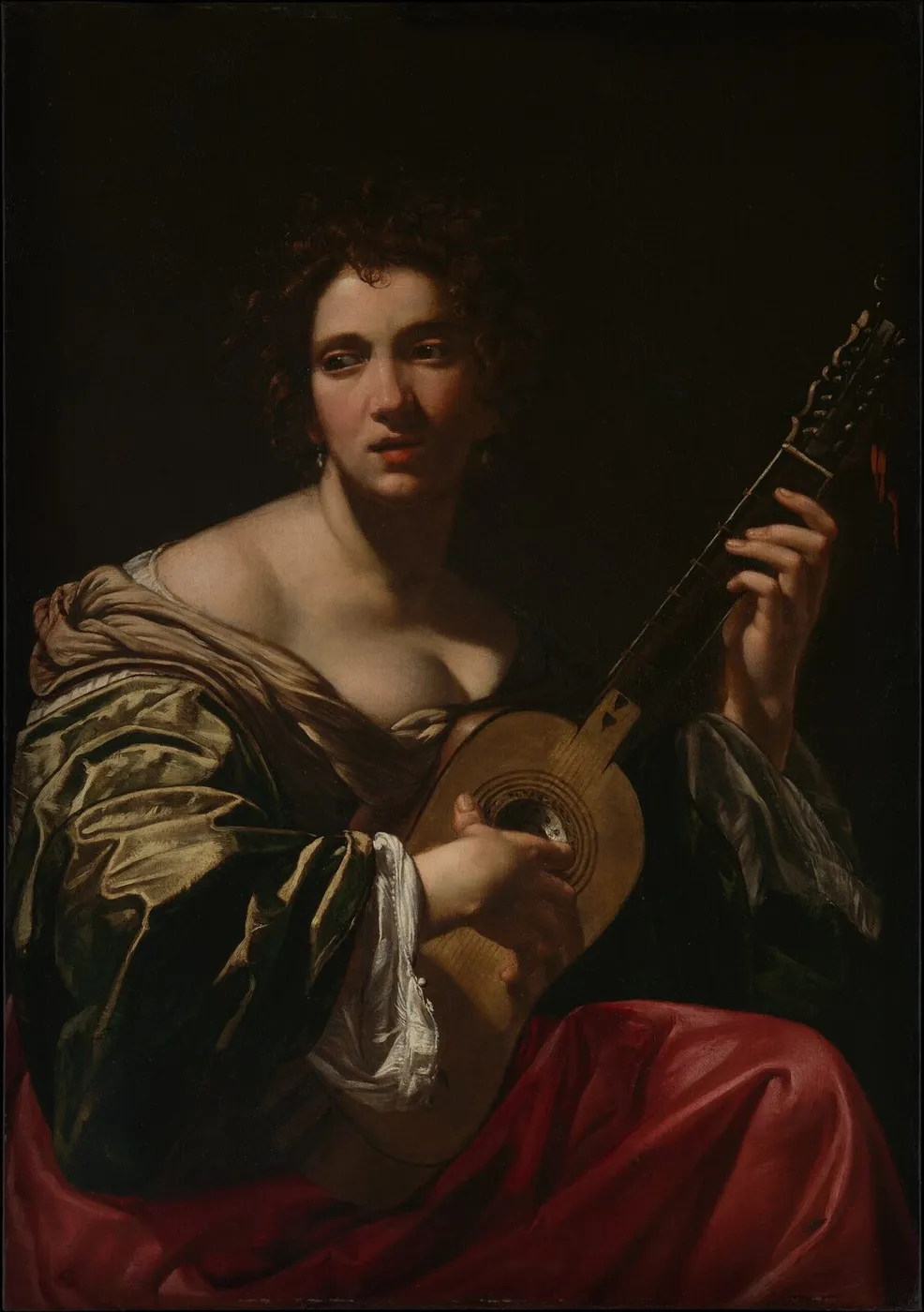 Woman Playing a Guitar (1618) by Simon Vouet — original painting reproduced as a hand-painted oil on canvas
