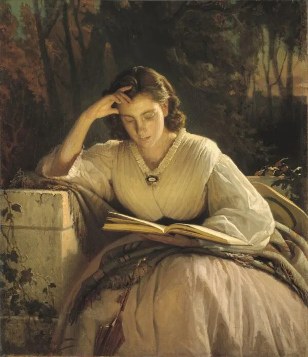 Woman Reading. Portrait of Sofia Kramskaya (1860) by Ivan Kramskoi — original painting reproduced as a hand-painted oil on canvas