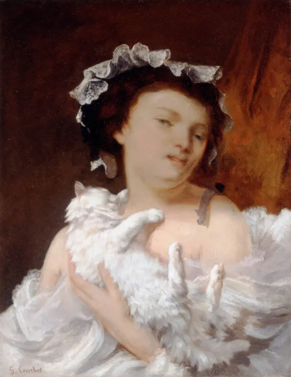 Woman with a Cat (1864) by Gustave Courbet — original painting reproduced as a hand-painted oil on canvas