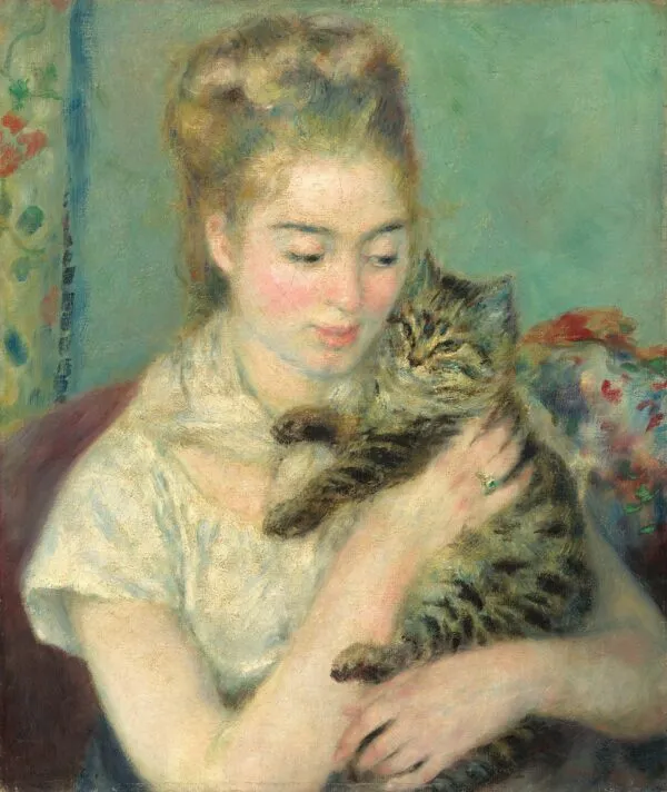 Woman with a Cat (1875) by Pierre-Auguste Renoir — original painting reproduced as a hand-painted oil on canvas