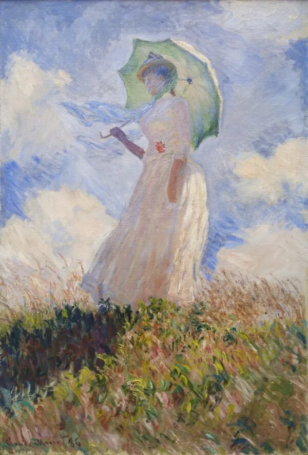 Woman with a Parasol, facing left (1886) by Claude Monet — original painting reproduced as a hand-painted oil on canvas