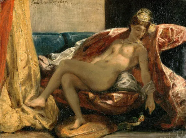 Woman with a Parrot (1827) by Eugène Delacroix — original painting reproduced as a hand-painted oil on canvas