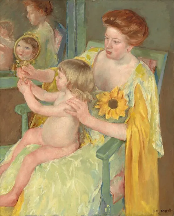 Woman with a Sunflower (1905) by Mary Cassatt — original painting reproduced as a hand-painted oil on canvas
