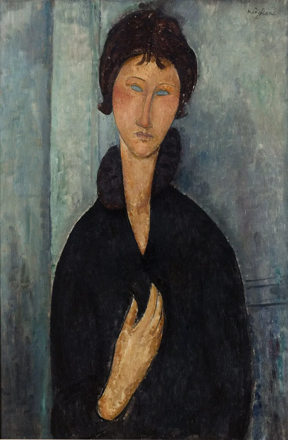 Woman with Blue Eyes (1918) by Amedeo Modigliani — original painting reproduced as a hand-painted oil on canvas