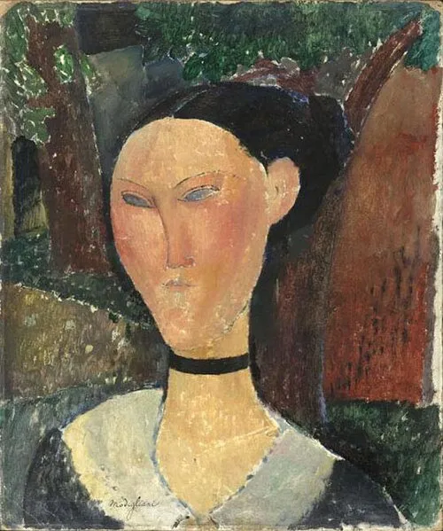 Woman with Velvet Ribbon (1915) by Amedeo Modigliani — original painting reproduced as a hand-painted oil on canvas
