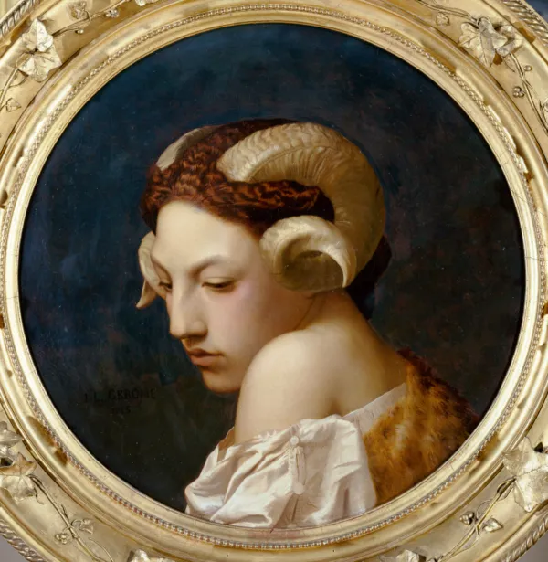 Woman's head with ram horns (1853) by Jean-Léon Gérôme — original painting reproduced as a hand-painted oil on canvas