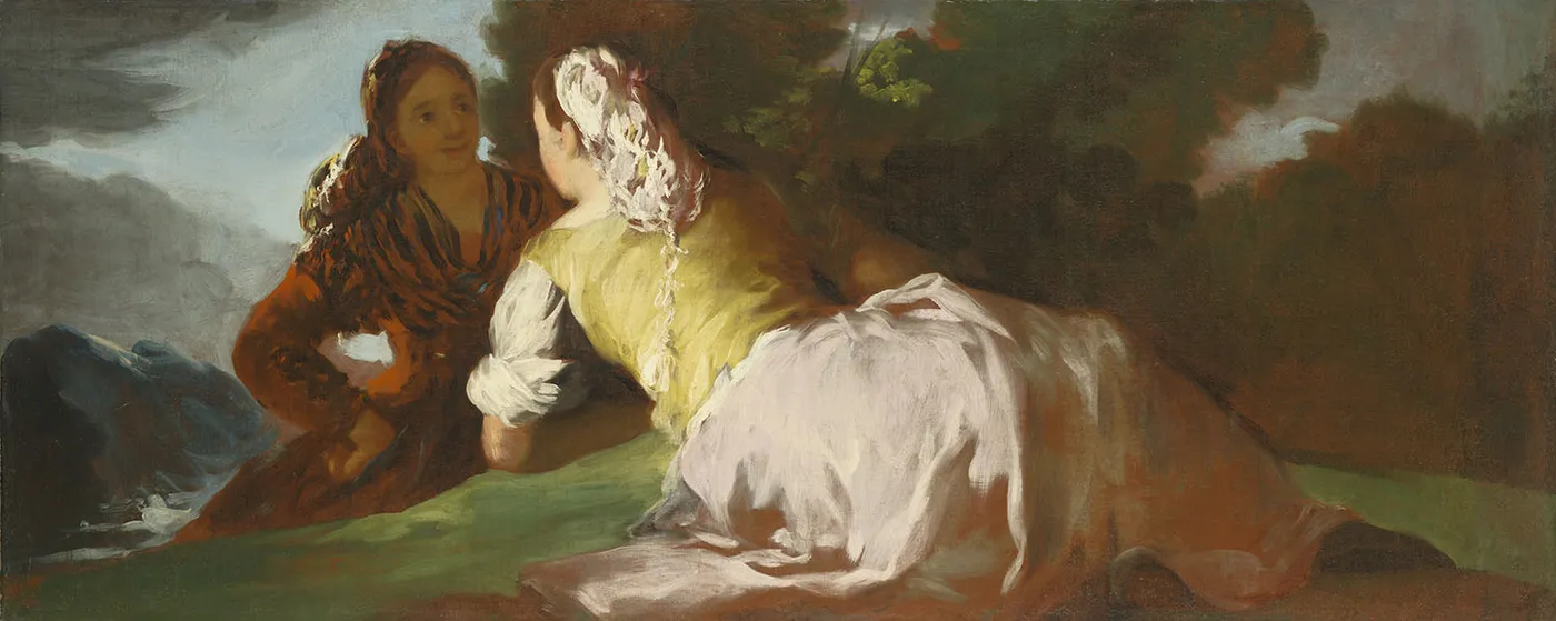 Women chatting (1791) by Francisco Goya — original painting reproduced as a hand-painted oil on canvas