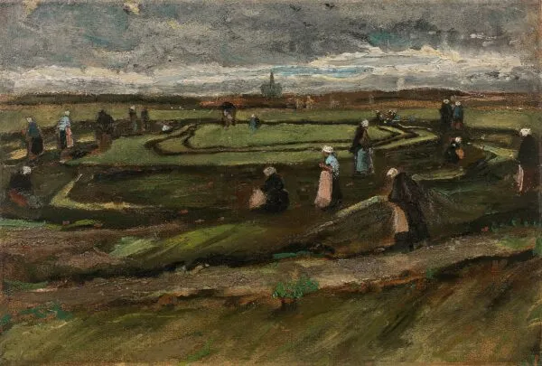 Women Mending Nets in the Dunes (1882) by Vincent van Gogh — original painting reproduced as a hand-painted oil on canvas