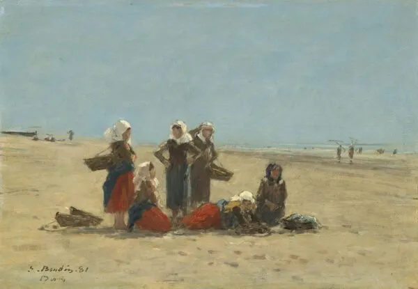 Women on the Beach at Berck (1881) by Eugène Louis Boudin — original painting reproduced as a hand-painted oil on canvas