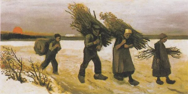 Wood Gatherers in the Snow (1884) by Vincent van Gogh — original painting reproduced as a hand-painted oil on canvas