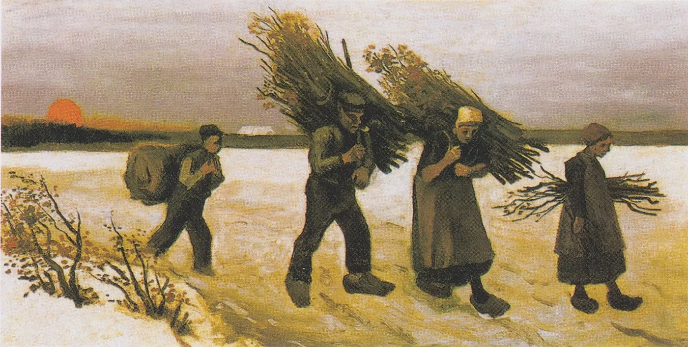 Wood Gatherers in the Snow (1884) by Vincent van Gogh — original painting reproduced as a hand-painted oil on canvas
