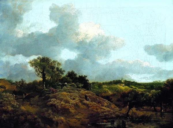 Wooded Landscape with a Herdsman Seated (1748) by Thomas Gainsborough — original painting reproduced as a hand-painted oil on canvas