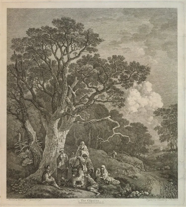 Wooded landscape with gipsies round a camp fire (1753) by Thomas Gainsborough — original painting reproduced as a hand-painted oil on canvas