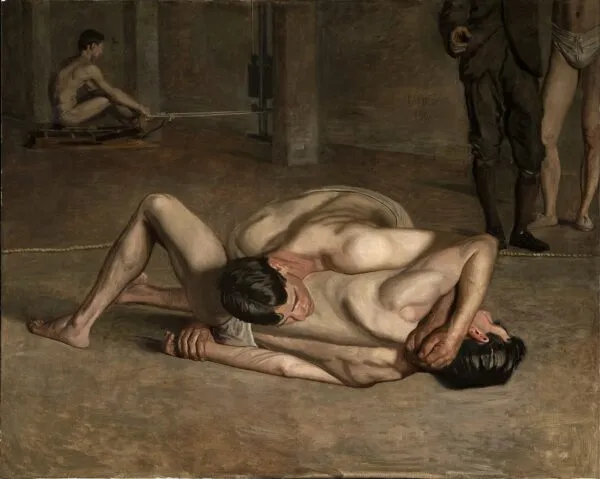 Wrestlers (1899) by Thomas Eakins — original painting reproduced as a hand-painted oil on canvas