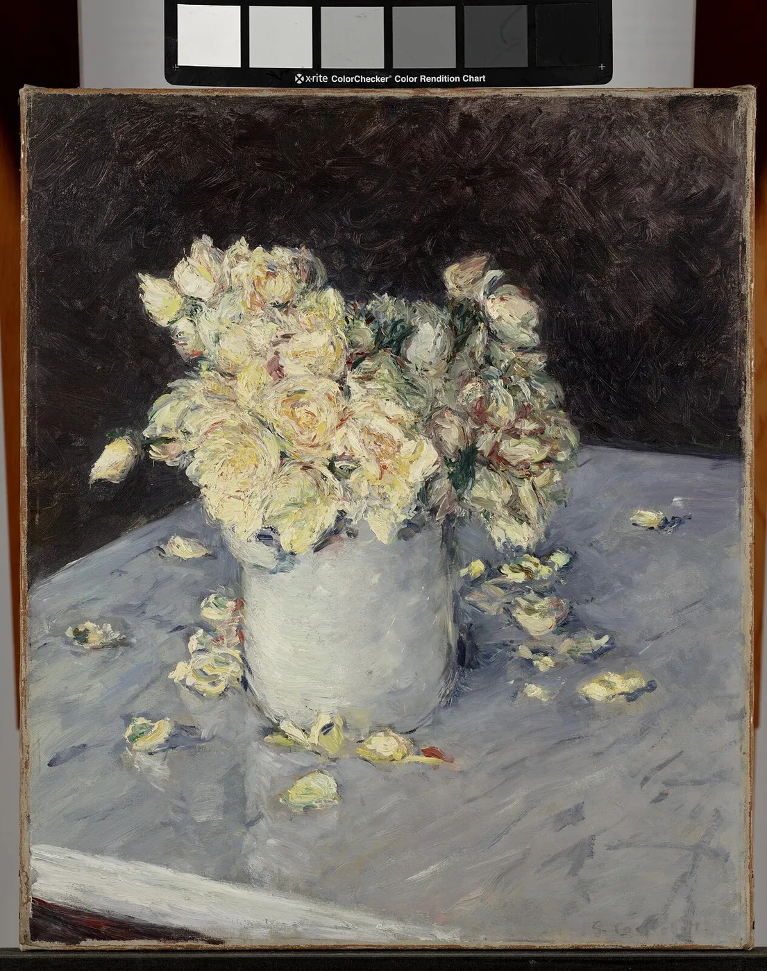 Yellow Roses in a Vase (1882) by Gustave Caillebotte — original painting reproduced as a hand-painted oil on canvas