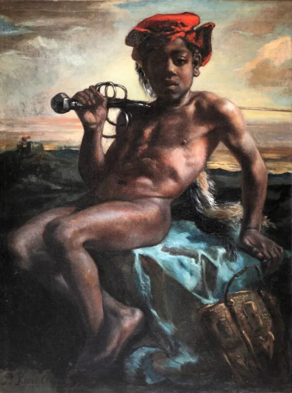Young black boy with a sword (1850) by Pierre Puvis de Chavannes — original painting reproduced as a hand-painted oil on canvas