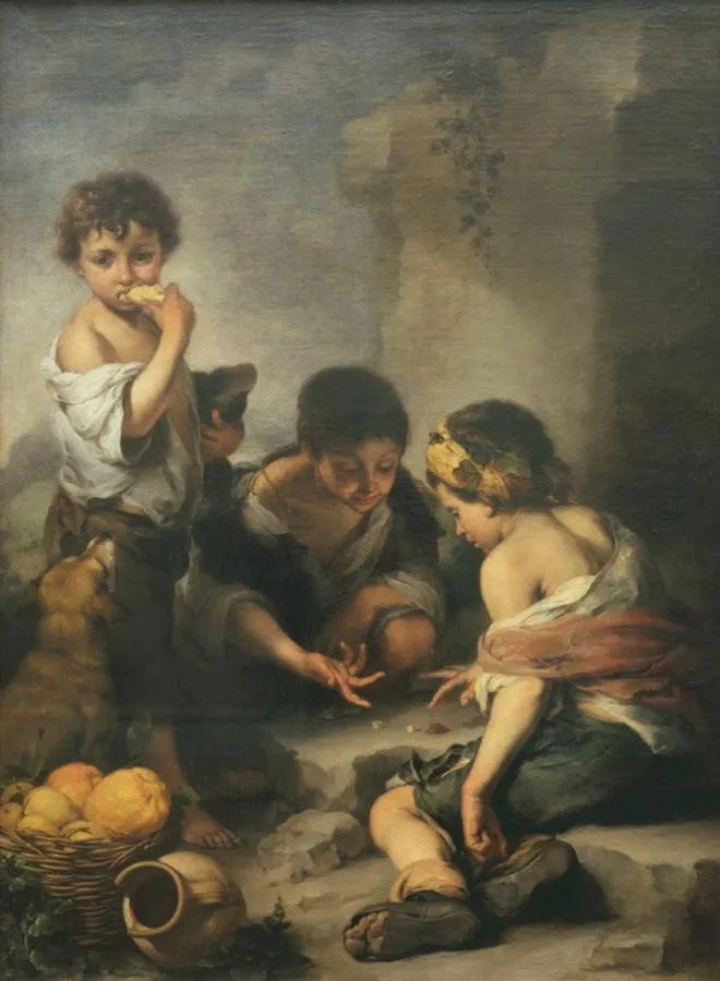 Young Boys Playing Dice (1675) by Bartolomé Esteban Murillo — original painting reproduced as a hand-painted oil on canvas