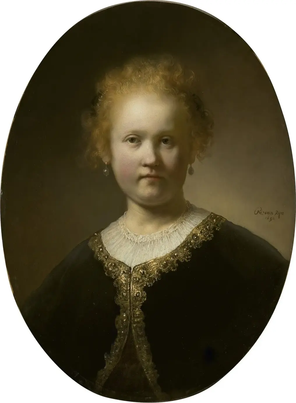 Young Girl in a Gold-Trimmed Cloak (1632) by Rembrandt — original painting reproduced as a hand-painted oil on canvas