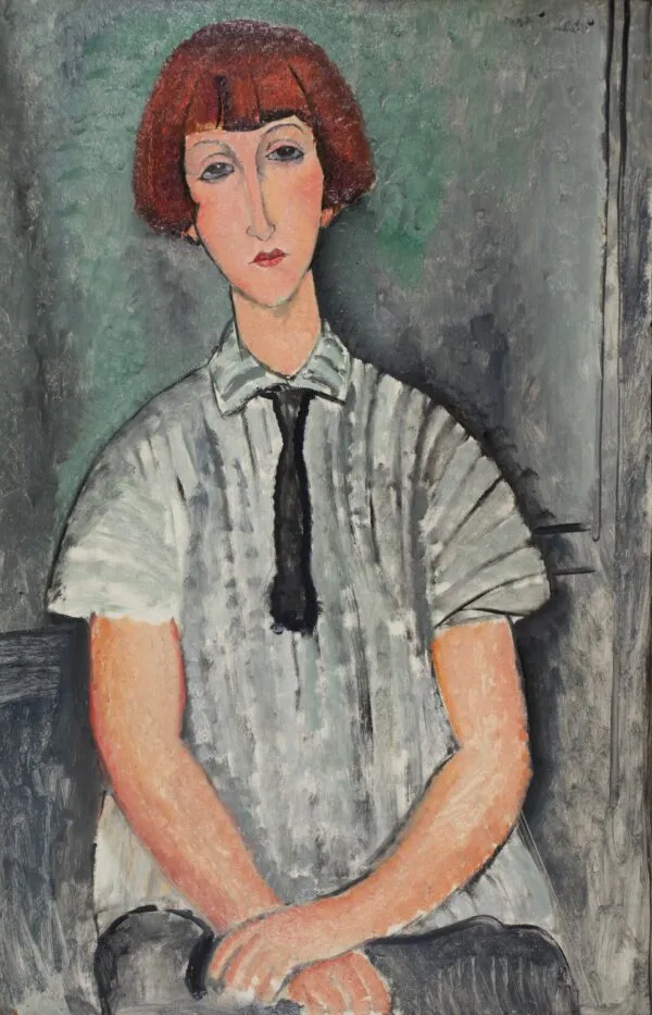 Young Girl with a Striped Blouse (1917) by Amedeo Modigliani — original painting reproduced as a hand-painted oil on canvas